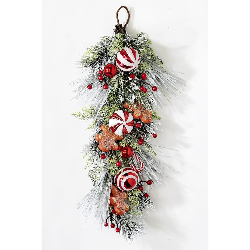 28" Snowy Christmas Artificial Pine Berry Ball Floral Teardrop With Gingerbread Men - 28