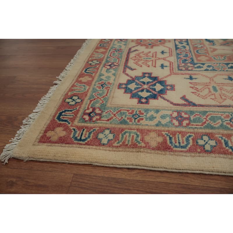 Hand Knotted Oriental 100% Wool Carpet Traditional Geometric Beige & Ivories Kazak Area Rug - 9' 10'' X 8' 2''