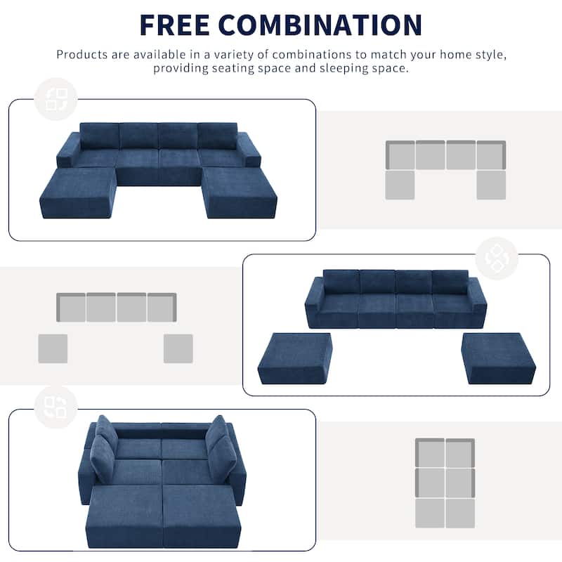 Modular U-Shaped Sectional Sofa with 2 Ottomans, Chenille Cloud Floor Couch, Fully Compressed Upholstered Sofa