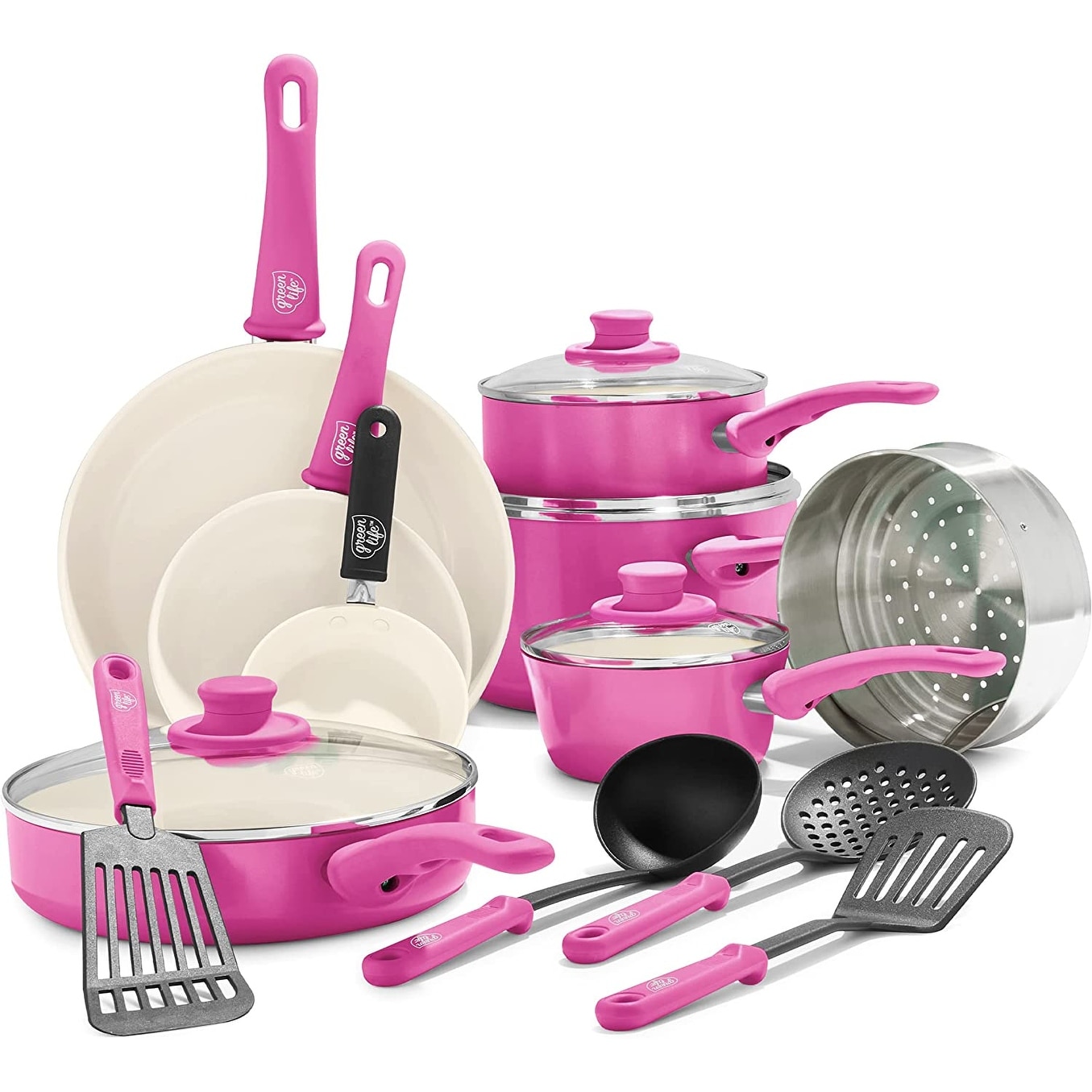 Rio Healthy Ceramic Nonstick 16 Piece Cookware Pots and Pans Set in Pink