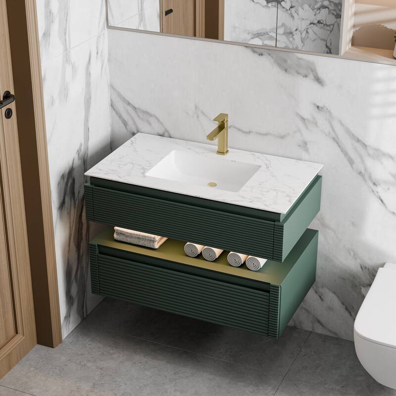 Modland 36" Modern Wall-Mounted Bathroom Vanity with Engineered Stone Countertop & Ceramic Undermount Sink - Green