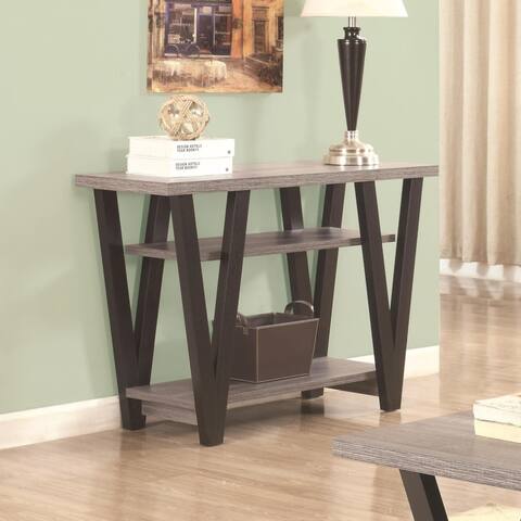 Zigzag Contemporary Solid Wooden Sofa Table With Bottom Shelves, Gray And Black - 30 H x 42 W x 15.5 L Inches