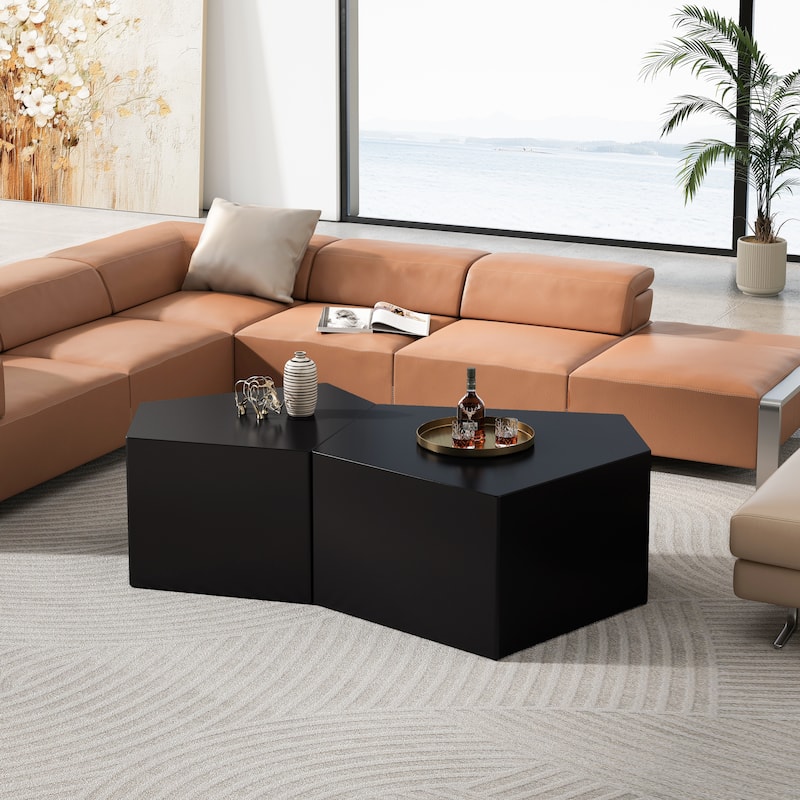 Pentagon Nesting Coffee Table Set, Geometric Center Table Set Set of 2, Irregular Wood Cocktail Table for Living Room