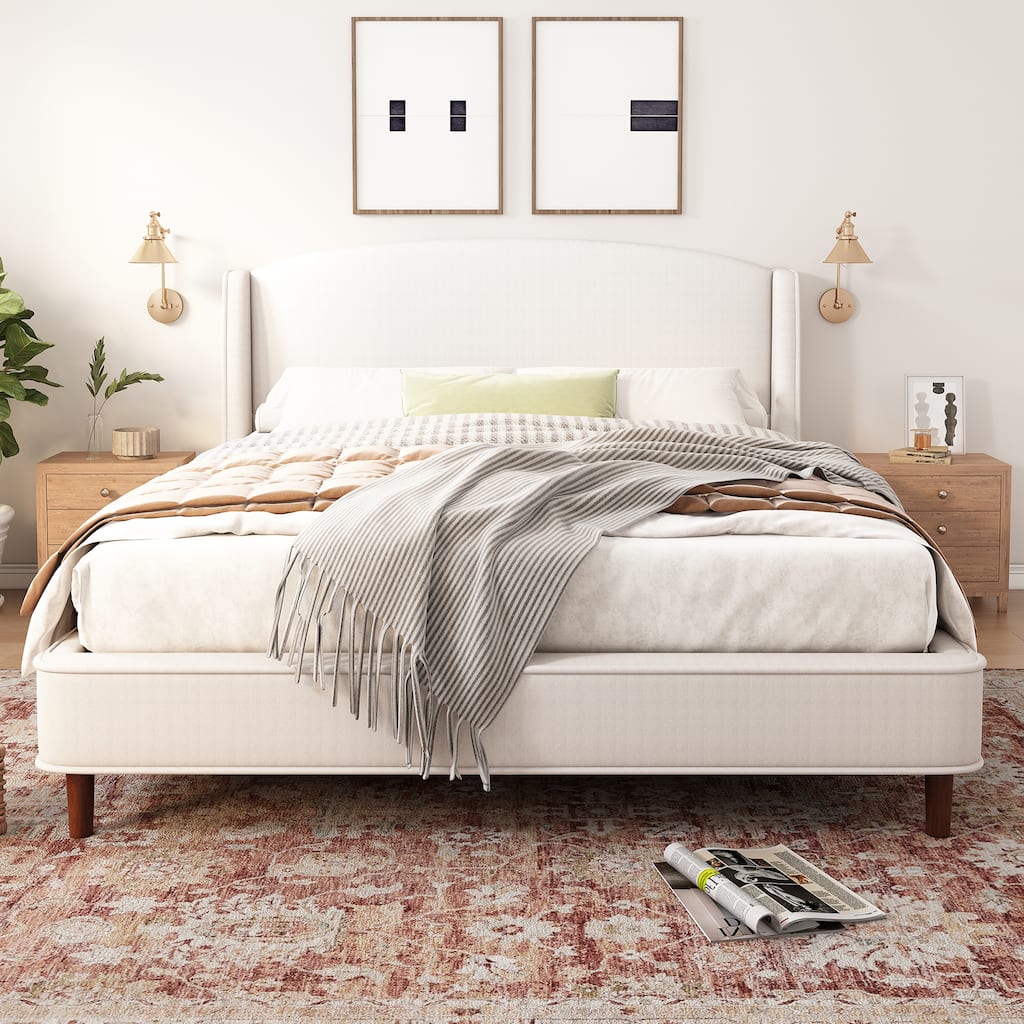 Beige Upholstered Fabric Frame Bed with Wingback Headboard, King Size Platform Bed with Wood Slat and Metal Support