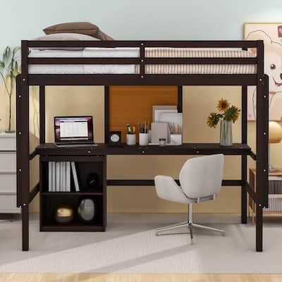 Kids Twin Loft Bed with Desk, Cabinet and Writing Board, Guardrails