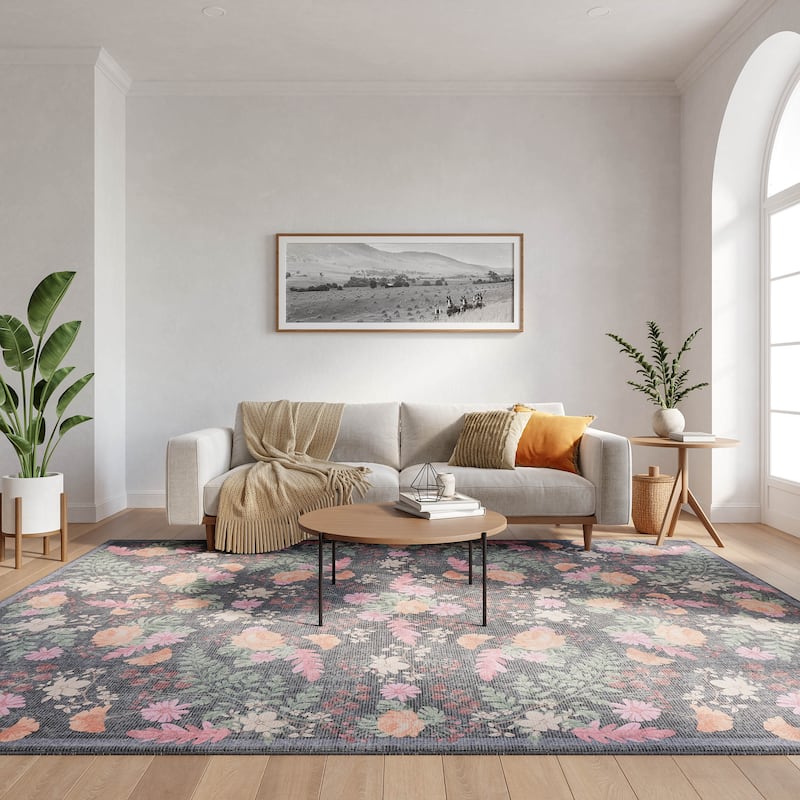 Nourison Botanical Washables Indoor only Floral Patterned Area Rug - Charcoal/Multicolor - 7'6" x 9'10"
