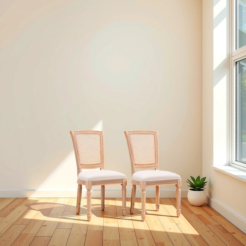 Set of 2 Linen Upholstery Dining Chairs with Rattan Mesh Back