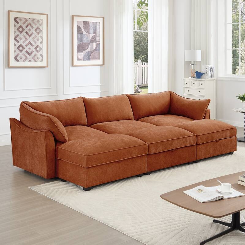 GDFStudio - Chenille 3-Seater 112.6" Modular Sofa with 3 Ottomans