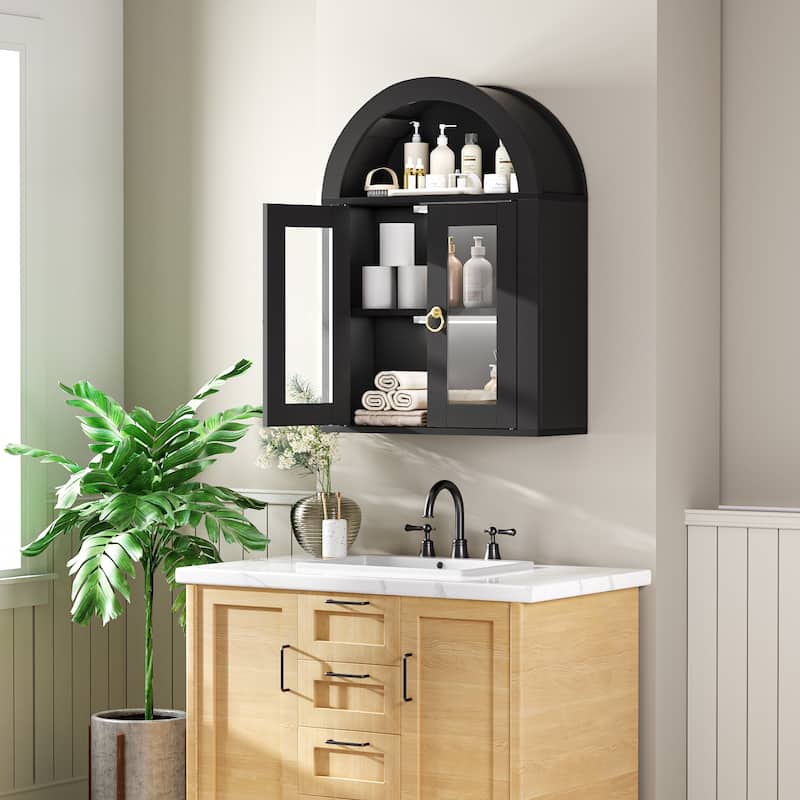 Wall Mounted Arched Cabinet with Glass Doors, Light and Adjustable Shelves for Laundry Room, Bathroom, Kitchen