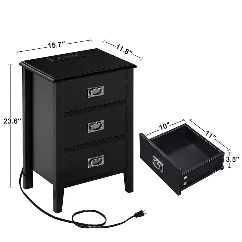 Javlergo Set of 2 Wooden Nightstand with Charging Station, Side End Table with USB Drawer and Open Storage Shelf