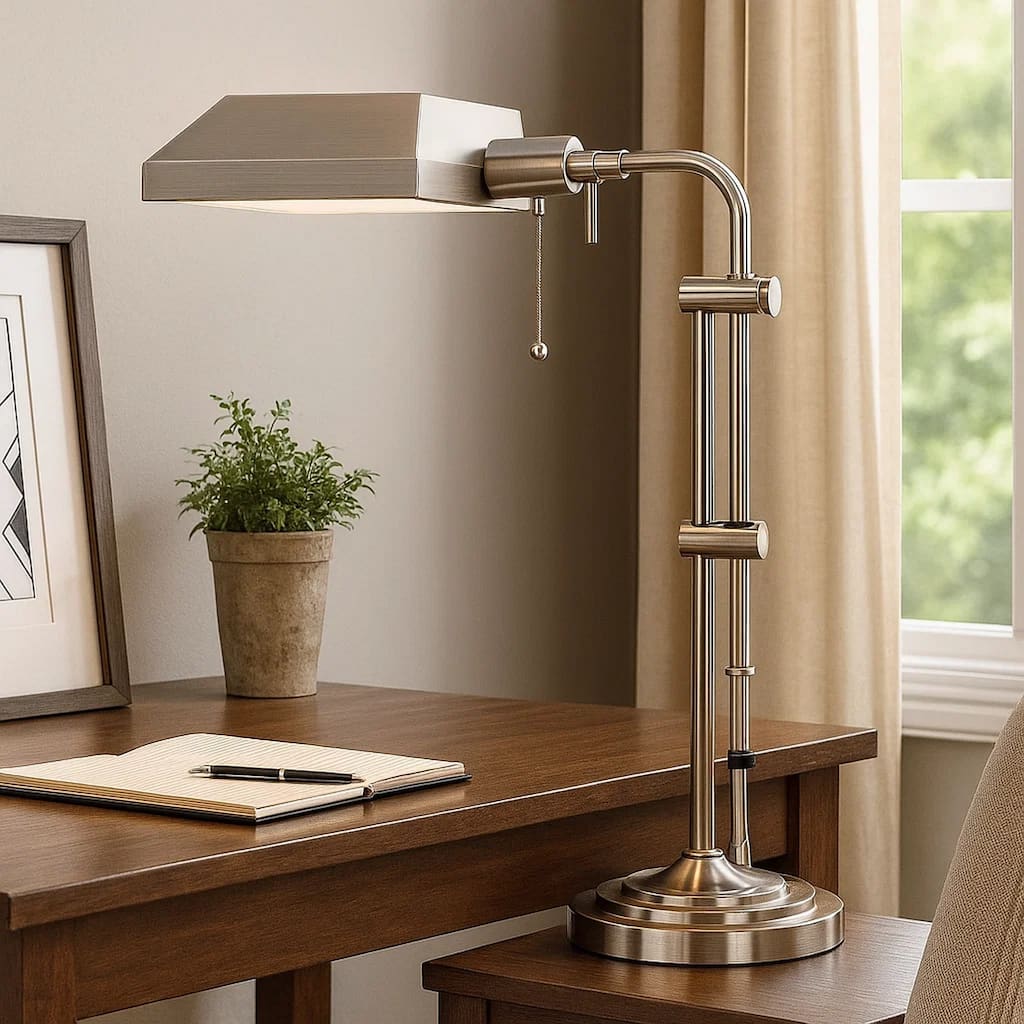 Metal Rectangular Desk Lamp with Adjustable Pole, Silver