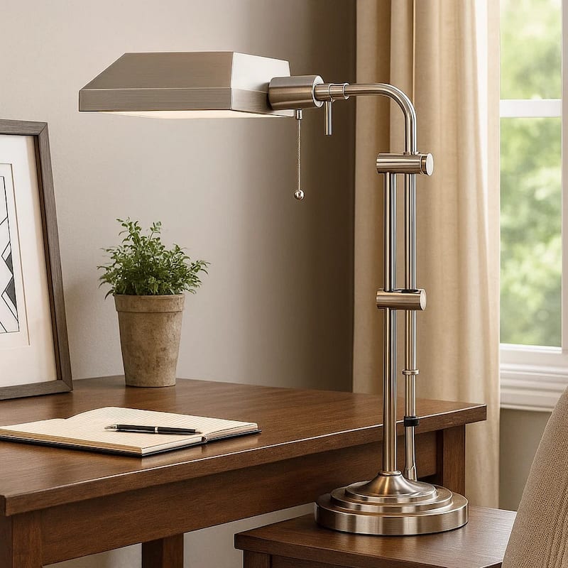 Metal Rectangular Desk Lamp with Adjustable Pole, Silver