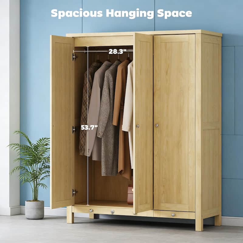 Rossetta 3-Door Modern Simple Adaptable Design Wardrobe Closet with Enclosed Shelves and Deep Bottom Drawer