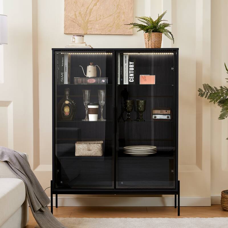 51.2"Tall Lighted Display Cabinet with Tempered Glass Door - Black