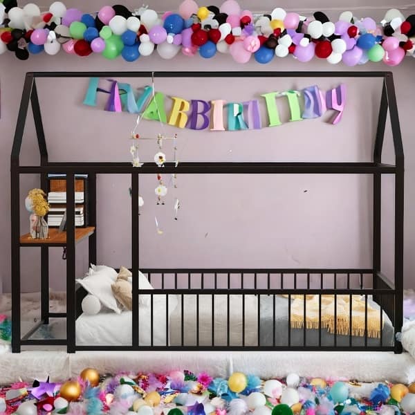 slide 2 of 34, Metal Full Size Bed House Bed with Desk,Smart Storage and USB Ports,Kids Bed Design Black