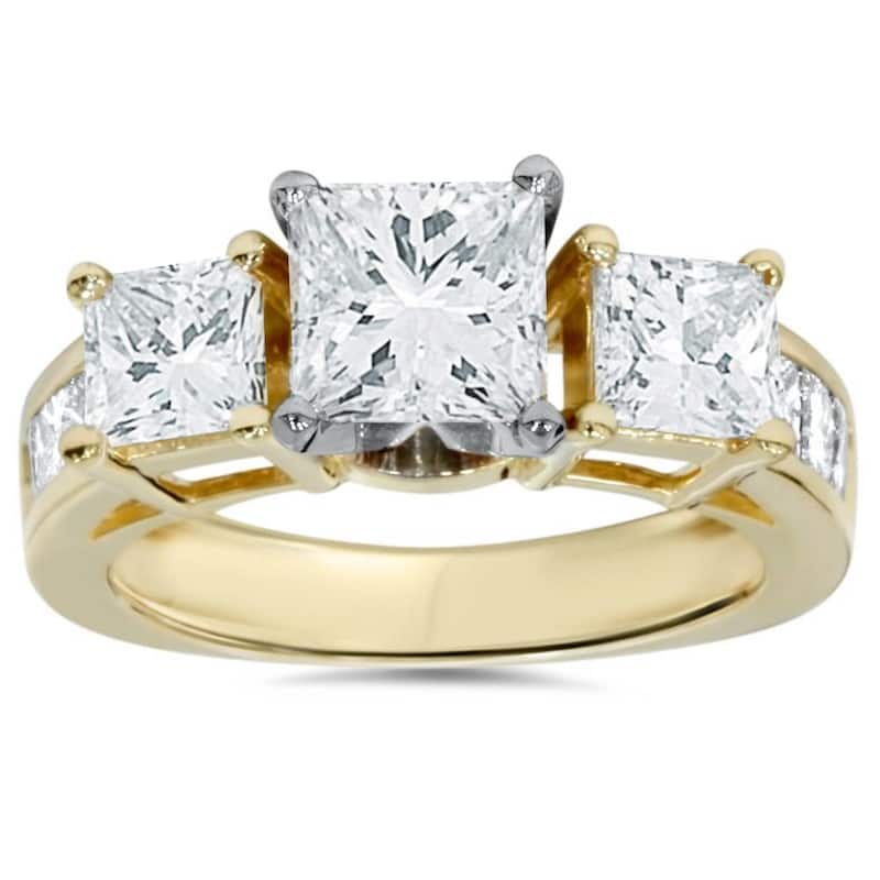 2ct Princess Cut Diamond 3 stone Engagement Ring Yellow Gold