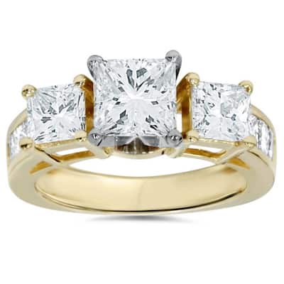 2ct Princess Cut Diamond 3 stone Engagement Ring Yellow Gold
