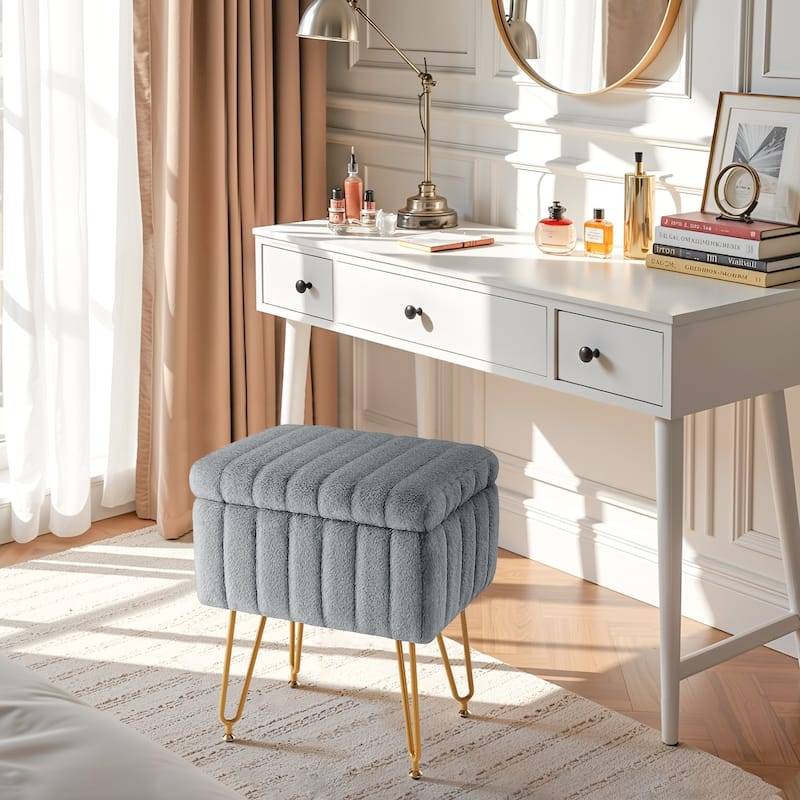 Faux Faric Soft Padded Rectangular Accent Small Ottoman Vanity Stool Chair with Storage & 4 Metal Legs