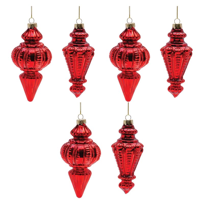 Ribbed Glass Finial Christmas Ornaments - 6.5" - Red - 6ct