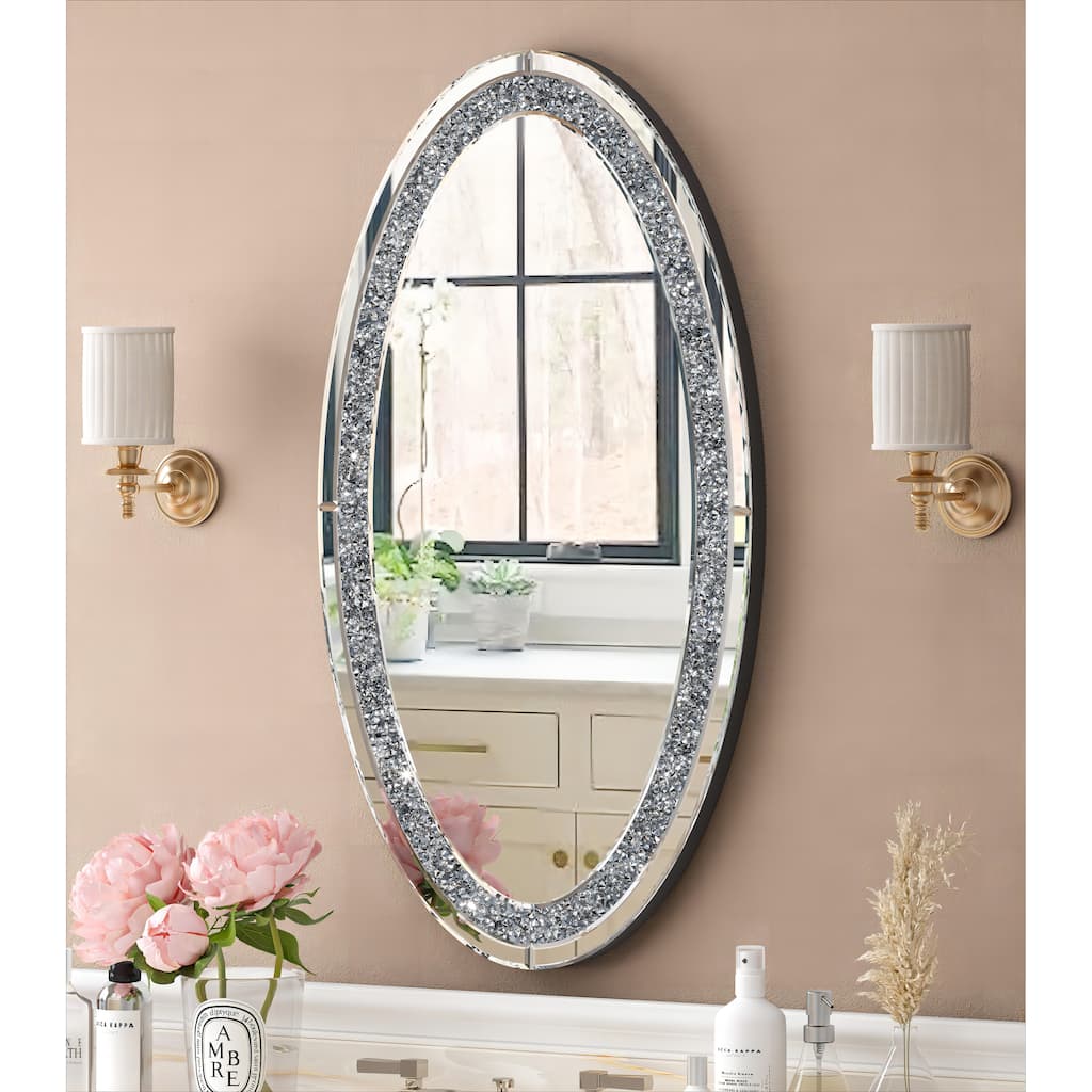 Oval Wall Mirror Crushed Diamond Inlay Sparkly Silver Mirror
