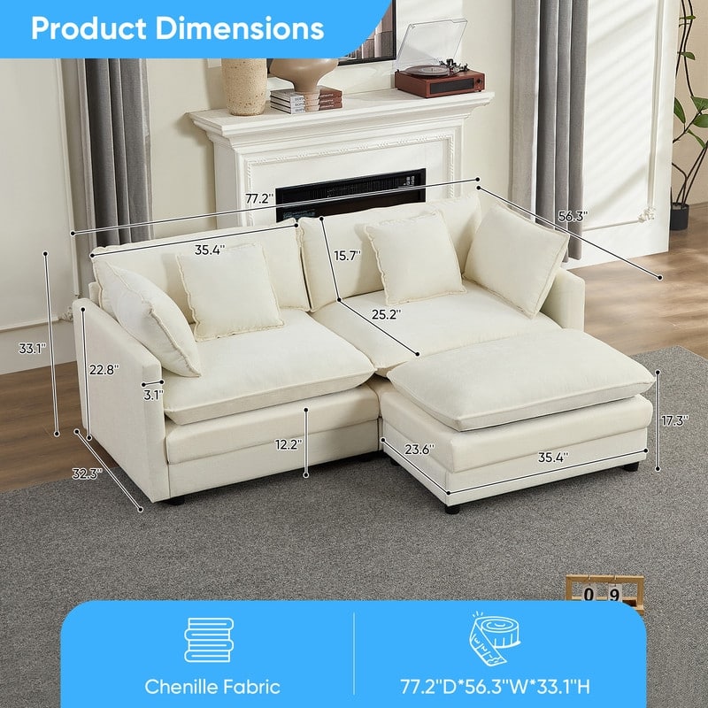 Mixoy 77''L-Shaped Modular Deep Seat Sofa, Modern Chenille Loveseat Cloud Sofa with Ottoman and Thickened Cushions