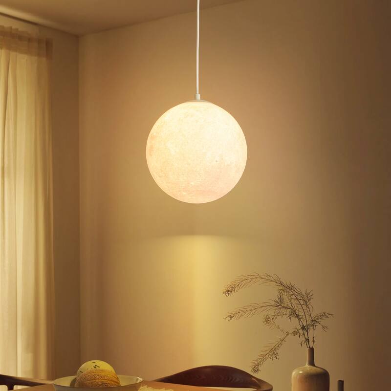 1-Light Modern 3D Printed Moon White Pendant Light for Kids' Room - 9.8 in. W x 9.8 in. H