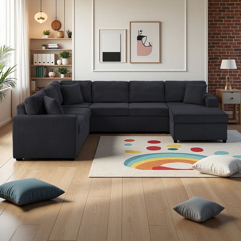 115.3" Corduroy U-Shaped Sectional Sofa with Chaise Lounge and Throw Pillows - Black