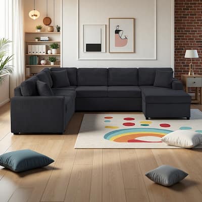 115.3" Corduroy U-Shaped Sectional Sofa with Chaise Lounge and Throw Pillows