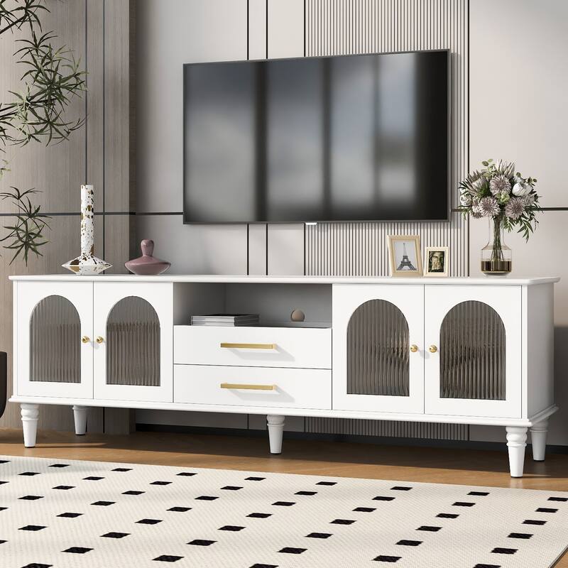 68.9" TV Stand for TVs up to 75", Modern Media Console with 2 Drawers and 4 Glass Doors, Rectangular Storage Media Cabinet