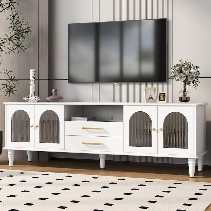 68.9'' Tv Stand For Tvs Up To 75 Inches,Entertainment Center Media Console With Fluted Glass Doors And Five Solid Wood Legs
