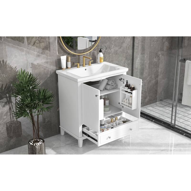Bathroom Vanity with Ceramic Sink, Solid Wood & MDF Base, 1 Drawer & 2 Doors, Adjustable Shelf - 30in L Solid Wood+MDF