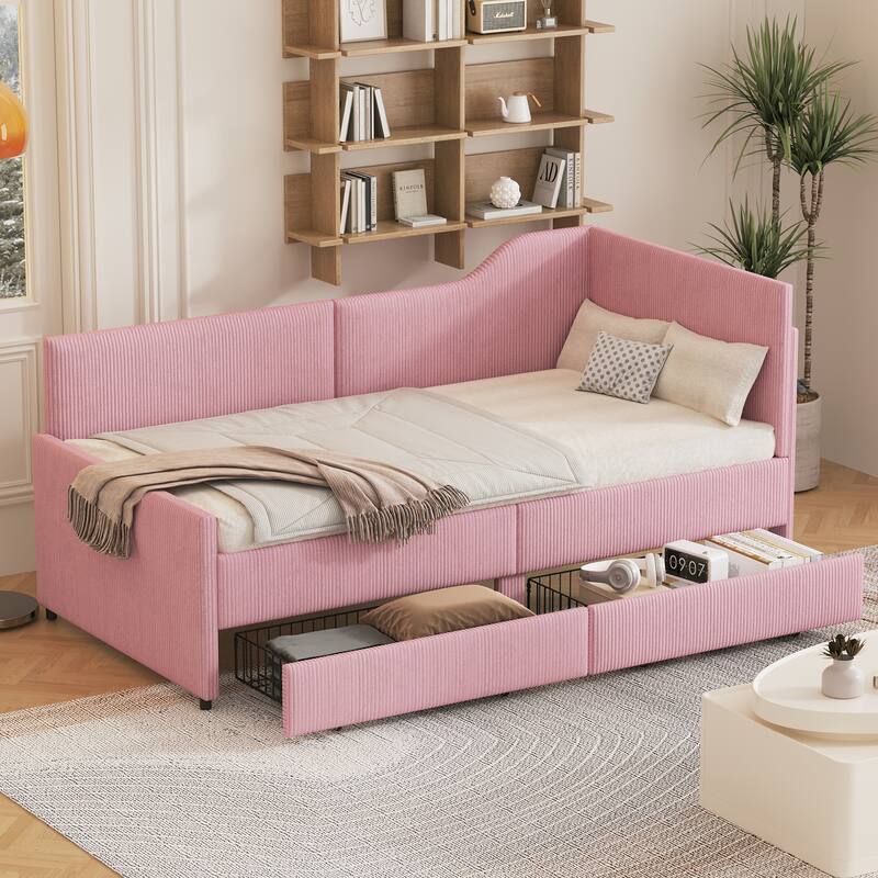 Vertical Lines Upholstered Platform Bed Frame with 2 Storage Drawers, L-Shaped Corduroy Daybed Sofabed