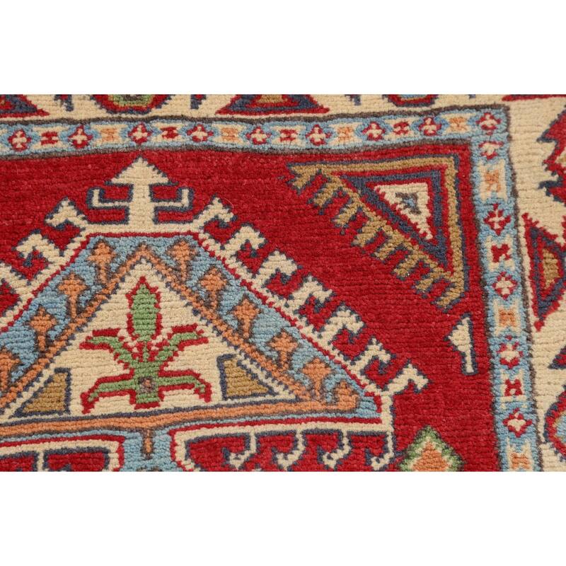 Red Geometric Kazak Oriental Accent Rug Handmade Wool Carpet - 2'8" x 3'11"