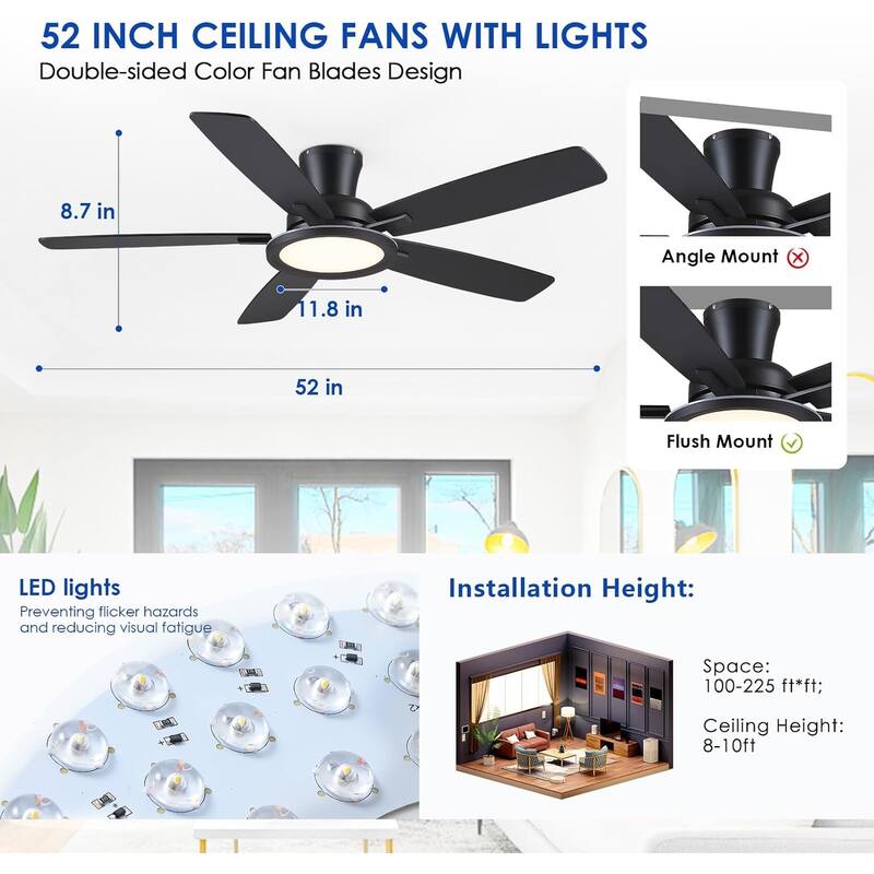 52" Modern Ceiling Fan with Light,Remote and App Control for Bedroom Living Room Patio - 52 Inches