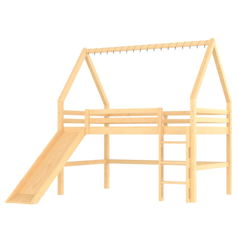 Fairytale Loft Bed Wooden House Bed with Tents, Light Strip and Slide