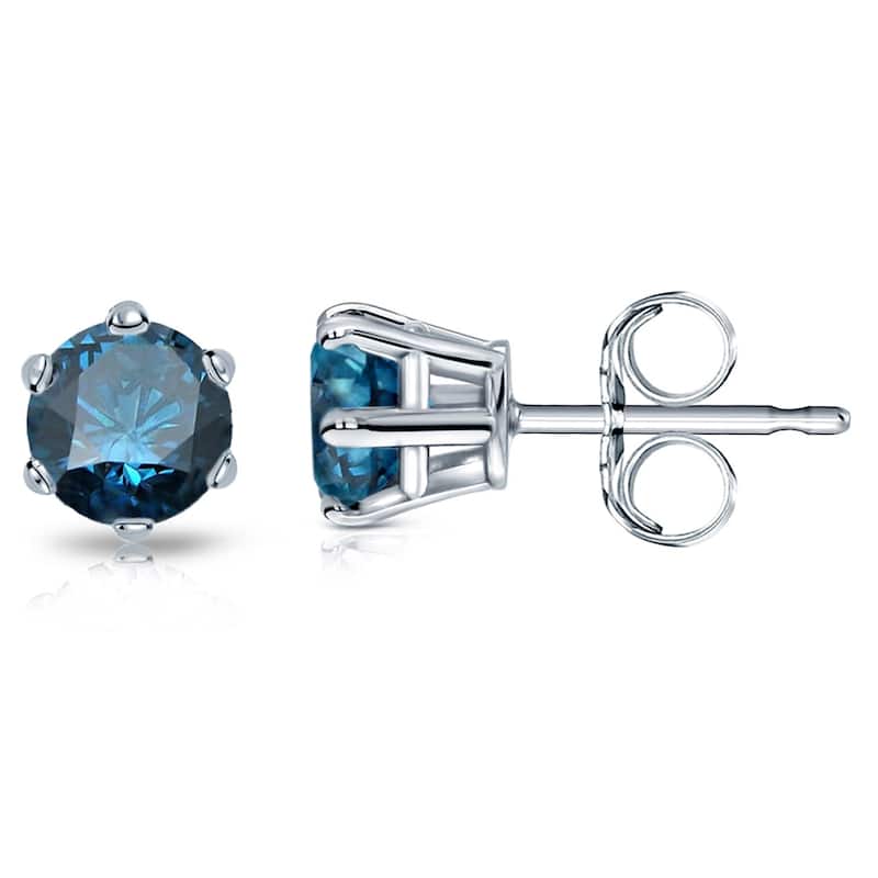Auriya 1ctw Round Blue Diamond Stud Earrings 14k Gold 6-Prong (SI2-SI3) - White
