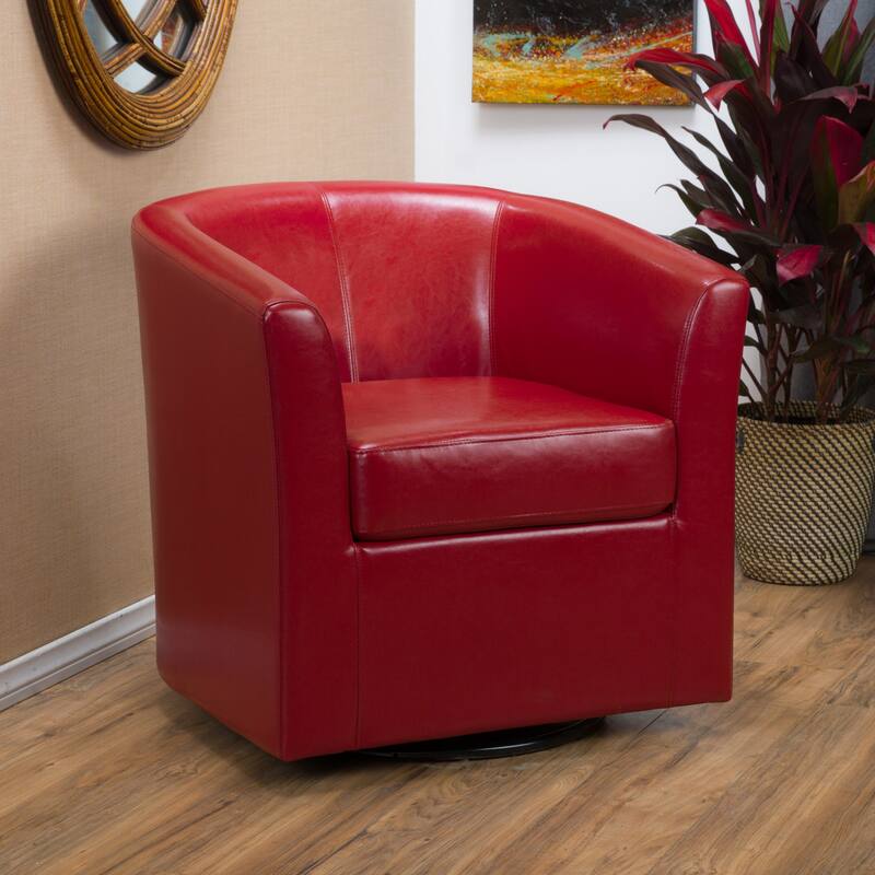 Roomfitters Modern Swivel Club Chair, Faux Leather Accent Armchair with Curved Back and Cushioned Seat for Living Spaces - Red