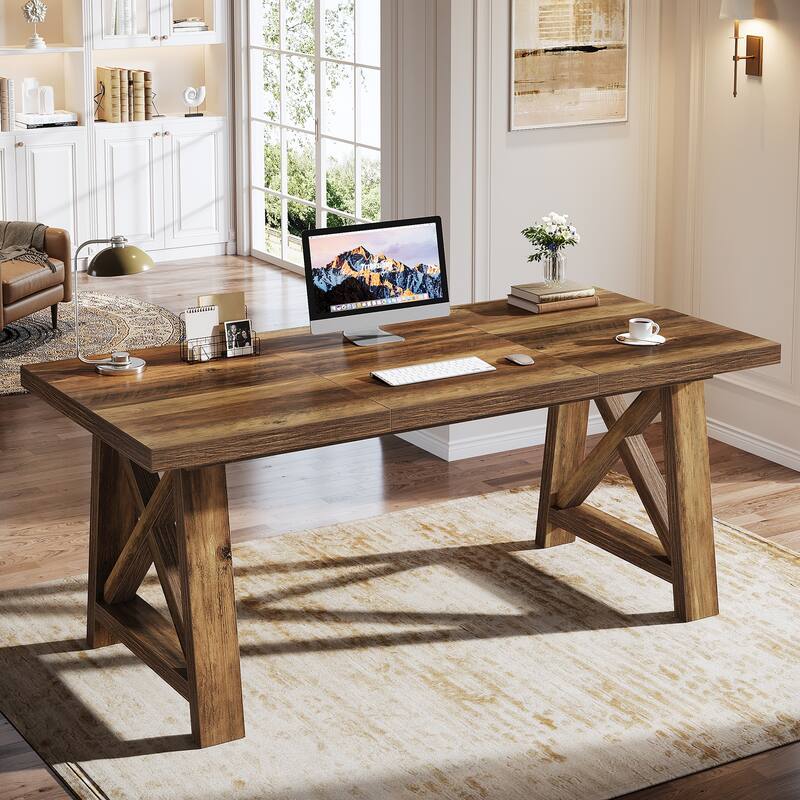 63 Inch Executive Desk with Sturdy X-Shaped Legs - Brown