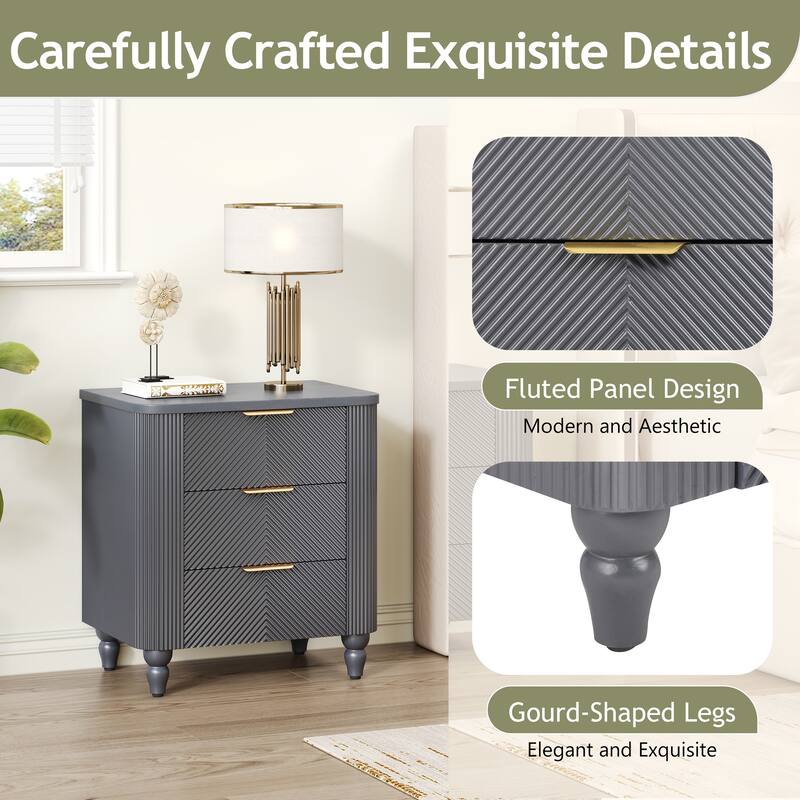 3 Drawers Nightstand Bedroom Bedside Table Sofa End Table with Wooden Gourd Legs - Dark Gray