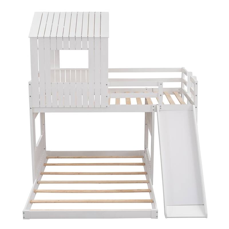 Merax Wooden Twin over Full Bunk Bed with Playhouse, Farmhouse, Ladder, Slide and Guardrails