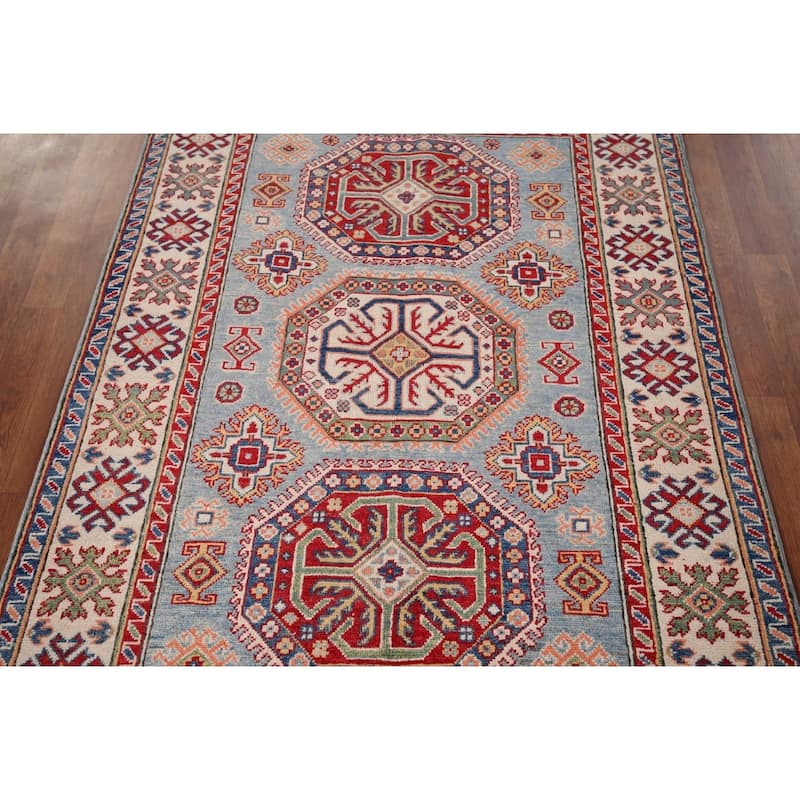 Blue Geometric Kazak Accent Rug Hand-Knotted Wool Carpet - 4'1" x 5'10"