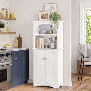 Two-Door Tall Kitchen Storage Cabinet with Open Shelves - White