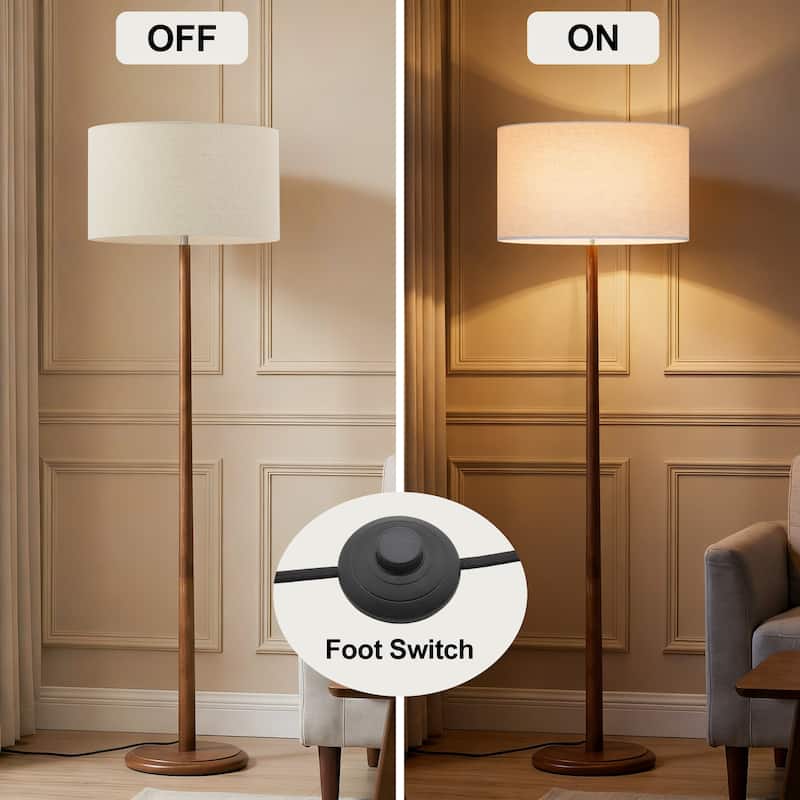 61" Walnut Wood Floor Lamp with Linen Drum Shade, Standing Lamp with Foot Step ON/OFF Switch (Bulb Not Included)