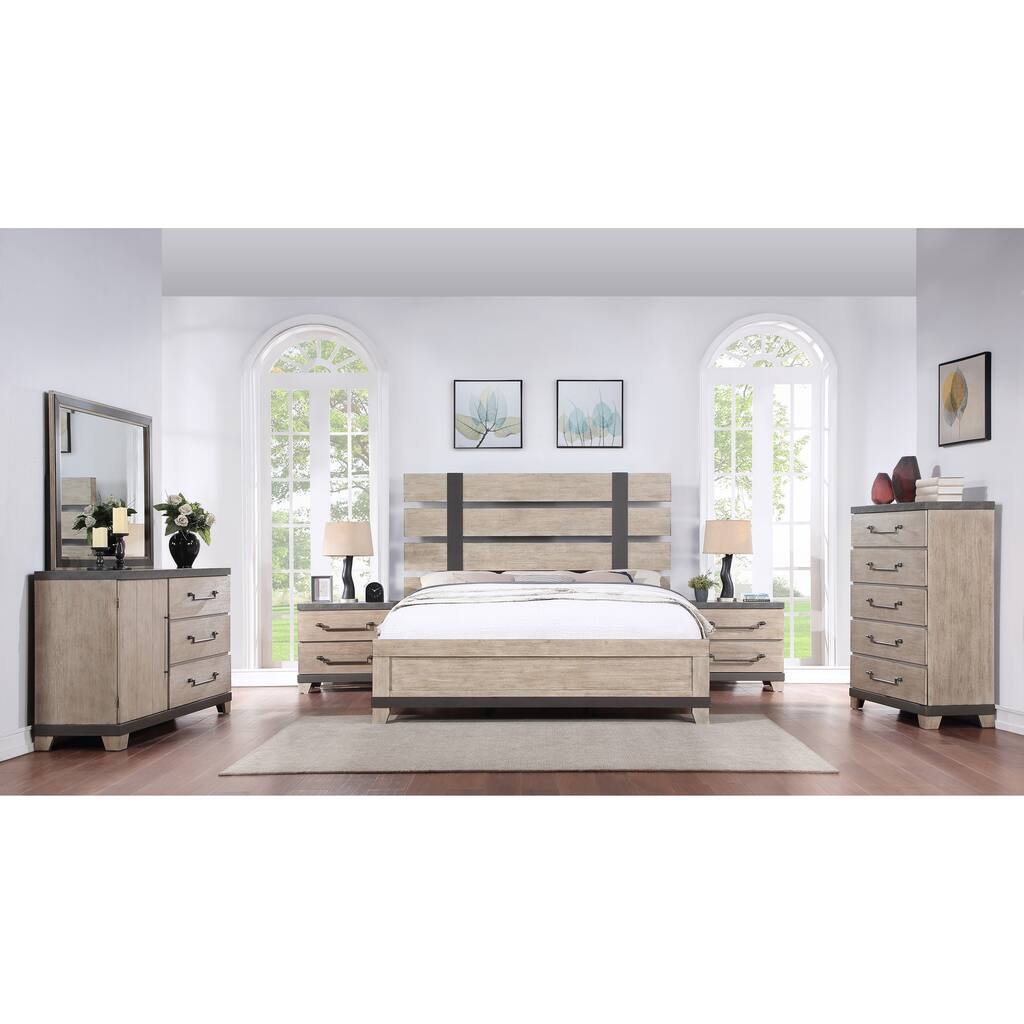Roundhill Furniture Arbela Wood Slatted Panel Bed with Dresser, Mirror, Two Nightstands, Chest, Weathered Oak Finish