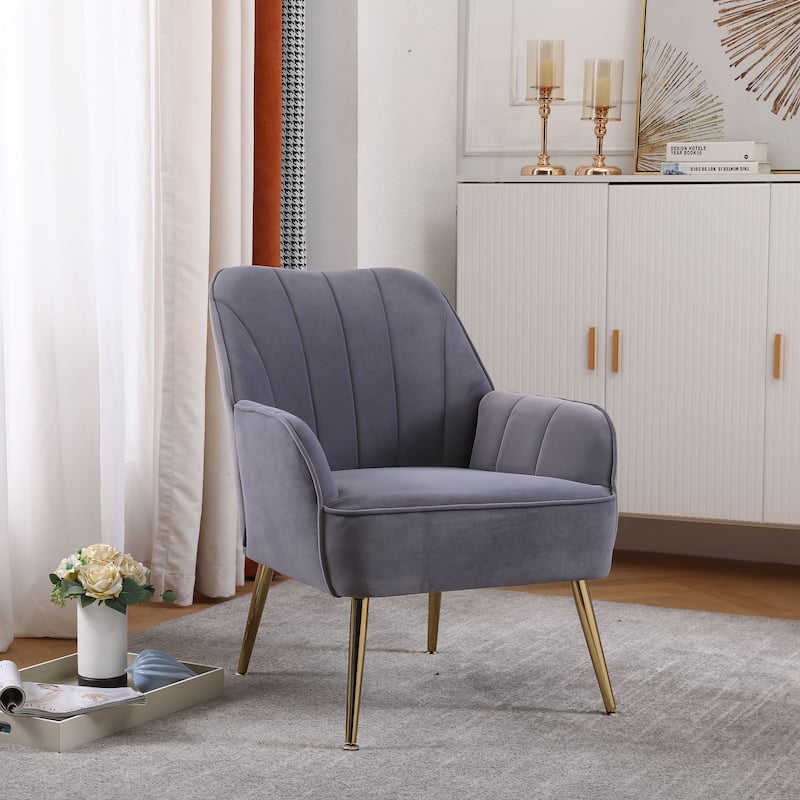 Modern Mid Century 28.7" Sherpa Arm Chair with Iron Legs for Living Room - Grey Velvet