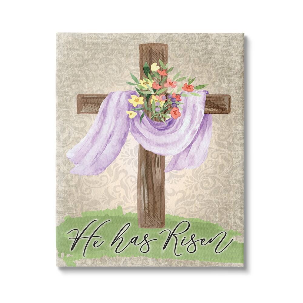 Stupell He Has Risen Spring Floral Cross Brown Damask Pattern Canvas Wall Art