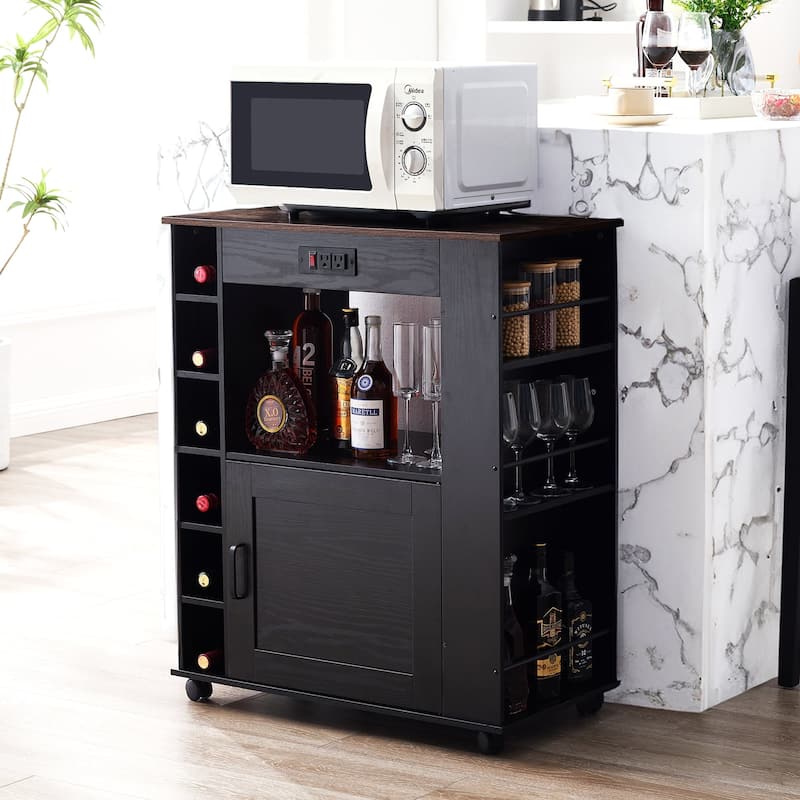 VECELO Kitchen Cart with Wheels and Charging Station,35.4'Kitchen Island Cart Wine Rack Bar Table, Bar Cabinet - Brown