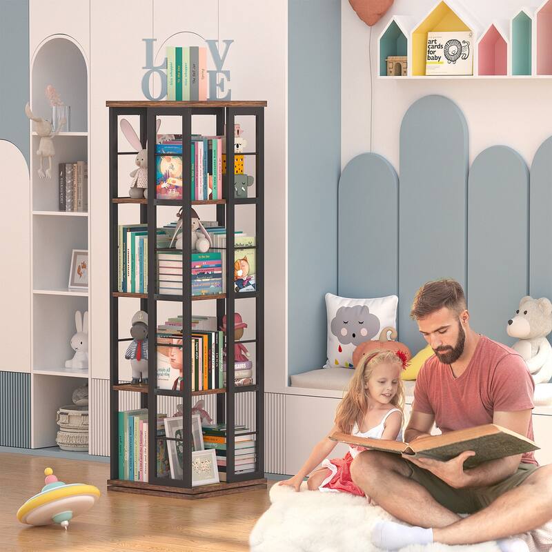 Corner Rotating Bookshelf, 360 Display Wood Spinning Bookshelf, Floor Standing Bookcase Organizer Storage Rack