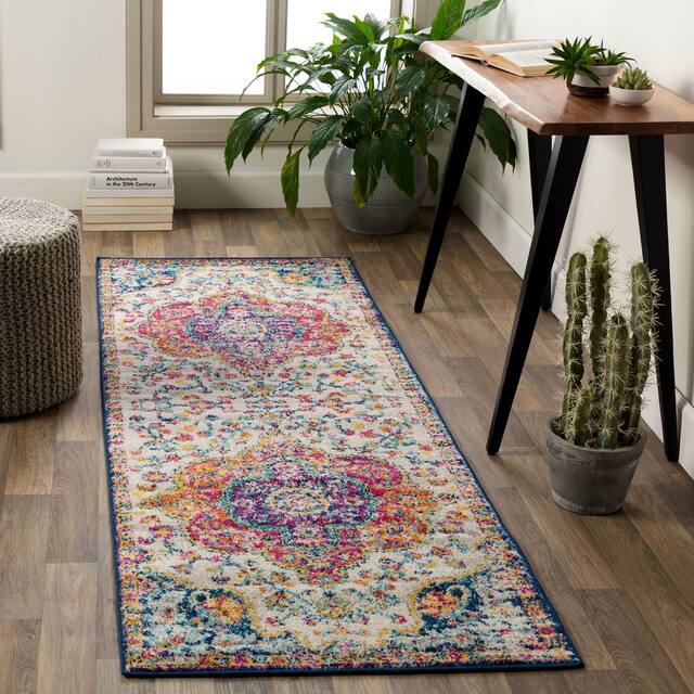 Hal Vintage Boho Traditional Pink Medallion Area Rug - 2'7" x 10' Runner - Pink/Blue