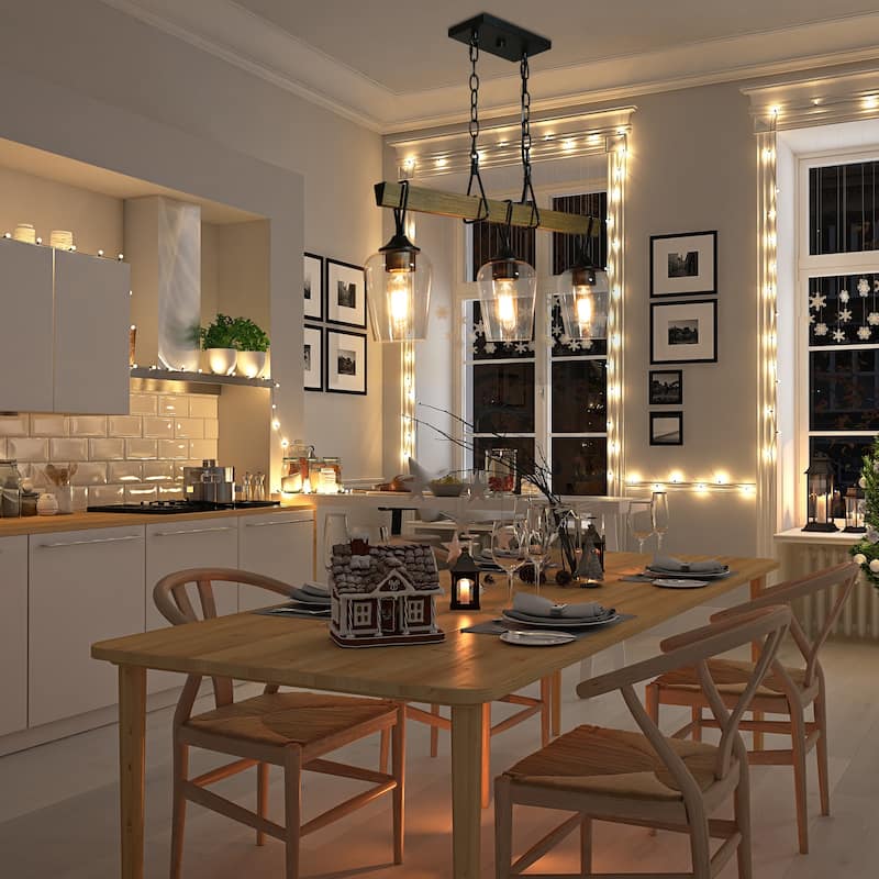 Zarbel Modern Farmhouse Glass Linear Chandelier Rustic 3-Light Black Metal Small Kitchen Island Lights